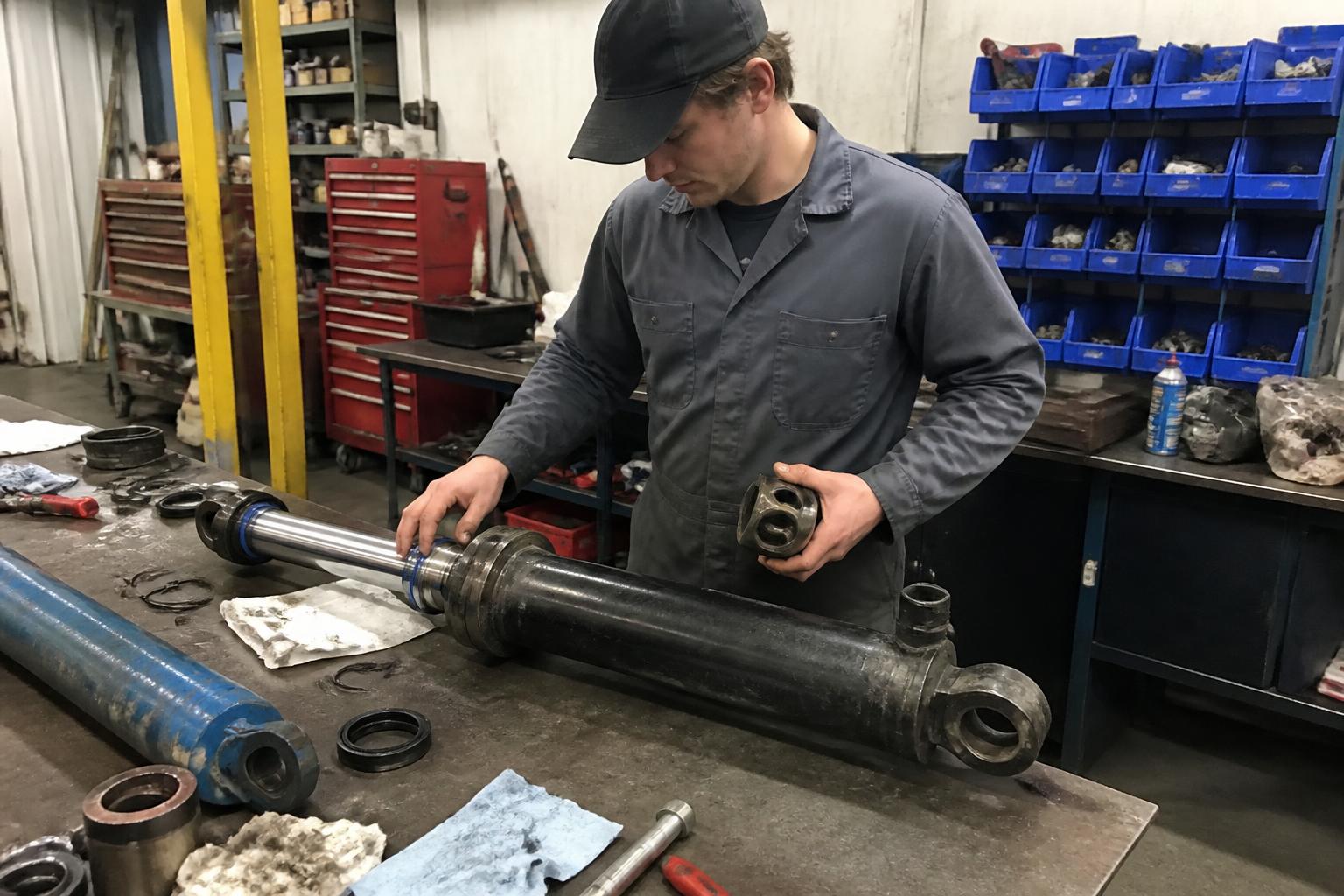 Technician repairing a hydraulic ram